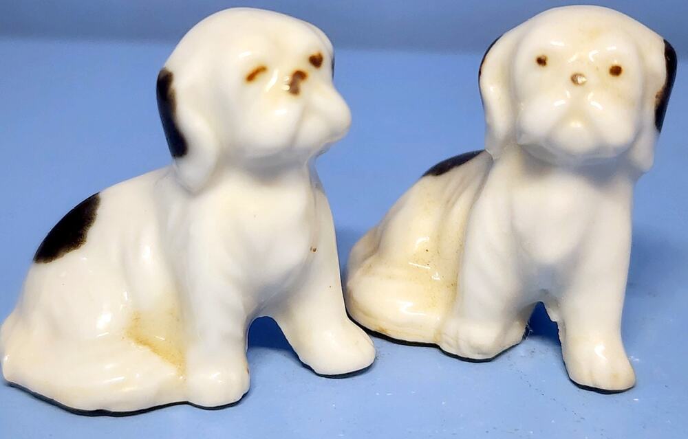 2 Japan Bone China Puppy Dog Figurine 1 1/4"” High Adorable White & Black Pair